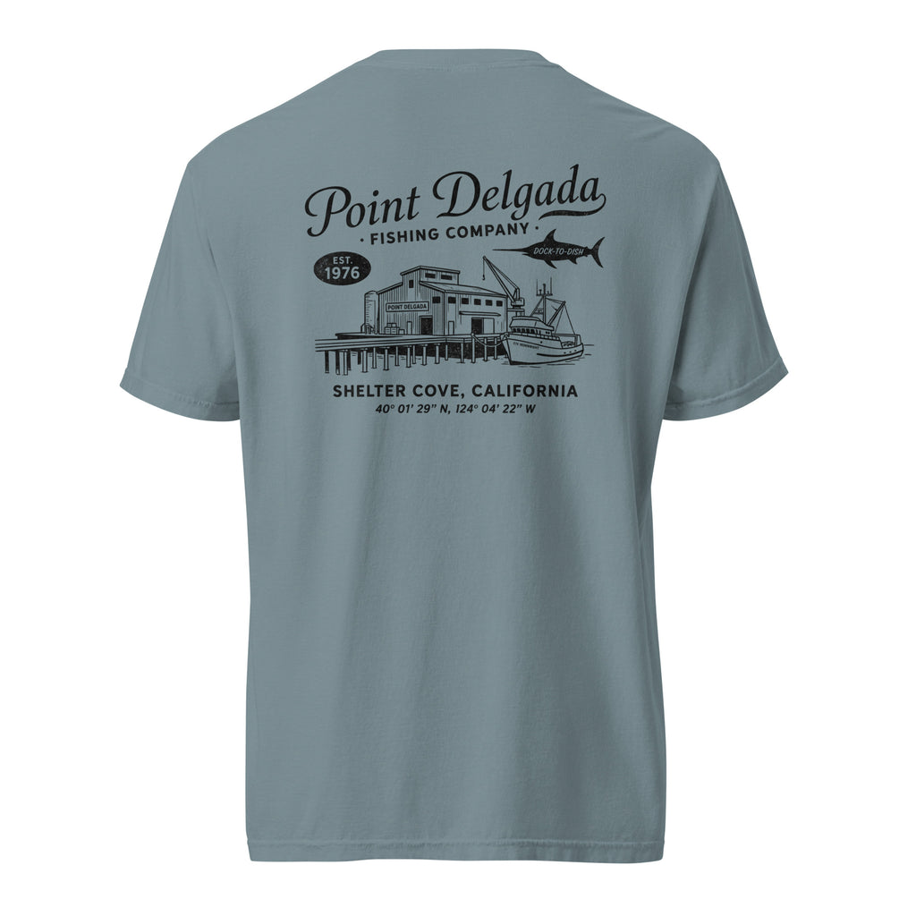 Back: White Point Delgada Home Port T-Shirt with black fish house, pier, fishing boat and Shelter Cove, California coordinates graphic