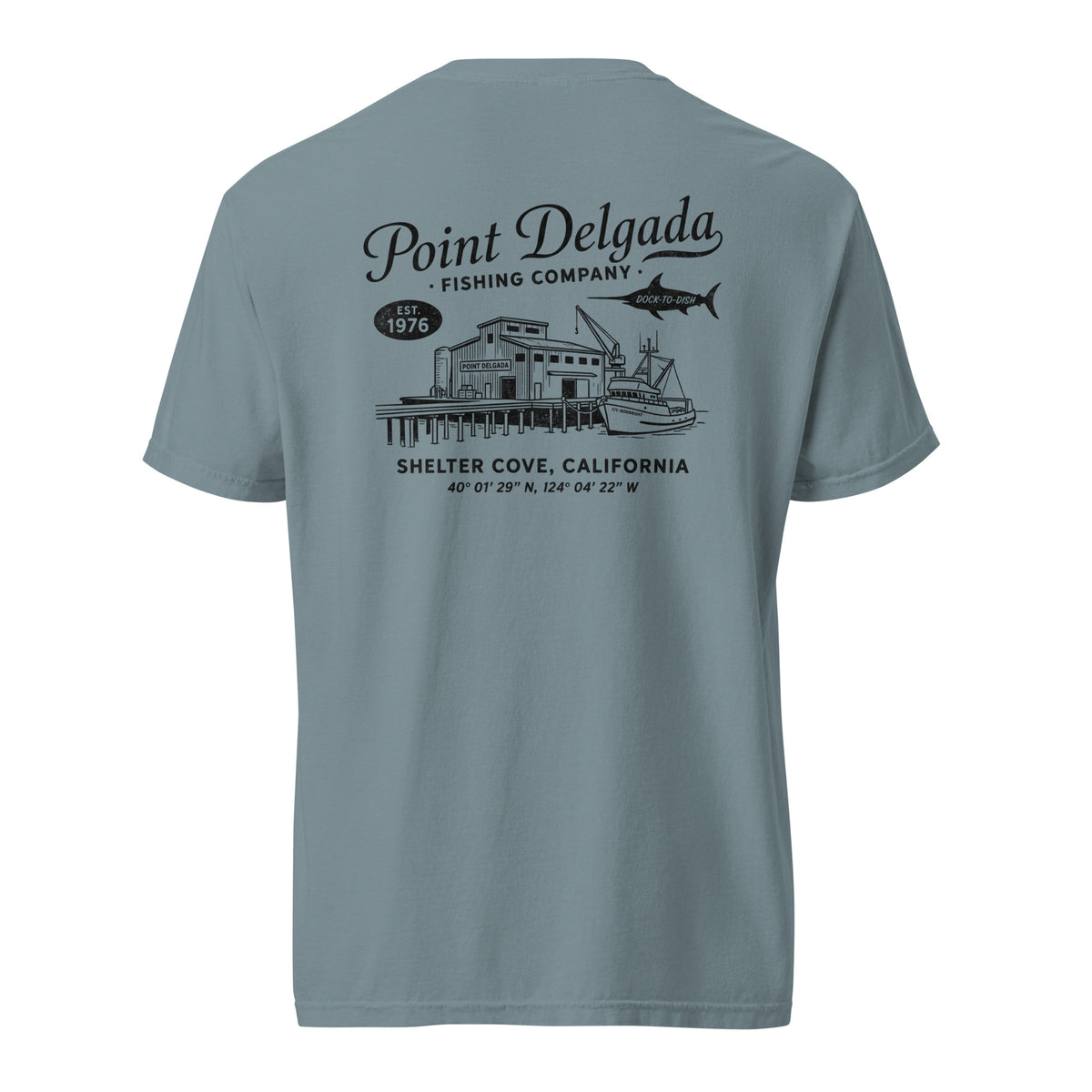 Back: White Point Delgada Home Port T-Shirt with black fish house, pier, fishing boat and Shelter Cove, California coordinates graphic