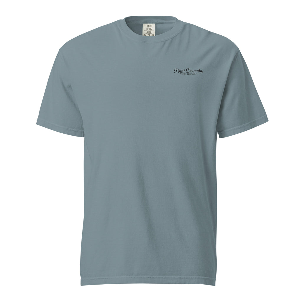 Back: White Point Delgada Home Port T-Shirt with black fish house, pier, fishing boat and Shelter Cove, California coordinates graphic