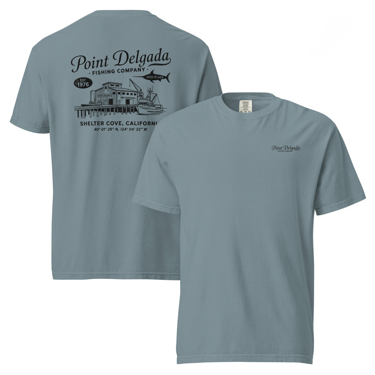 Back: White Point Delgada Home Port T-Shirt with black fish house, pier, fishing boat and Shelter Cove, California coordinates graphic