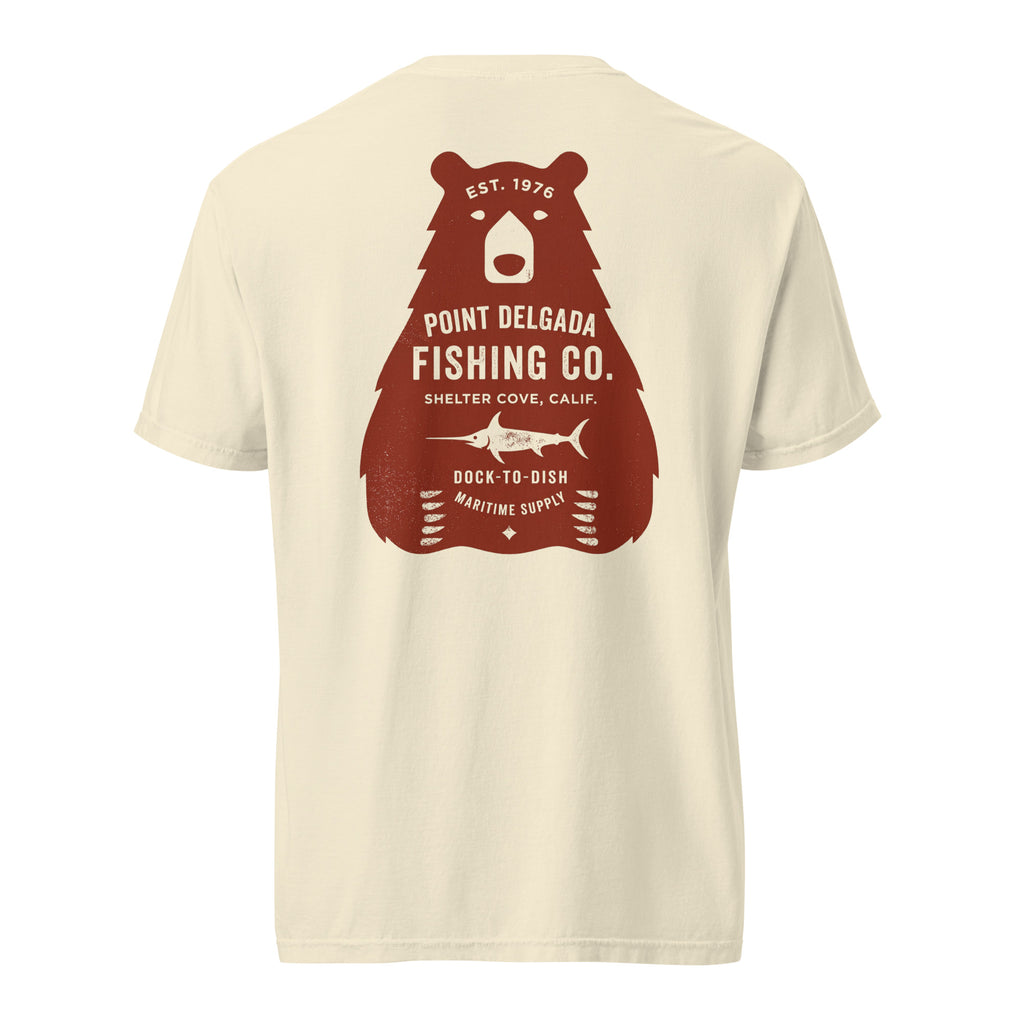 Point Delgada Bear Crest T-Shirt with distressed red bear and swordfish crest on the back and left-chest Point Delgada Fishing Co. logo on the front