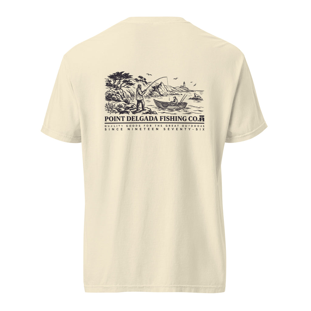 White Point Delgada Shoreline T-Shirt with black engraved coastal fishing scene and lighthouse on the back and left-chest lure logo on the front