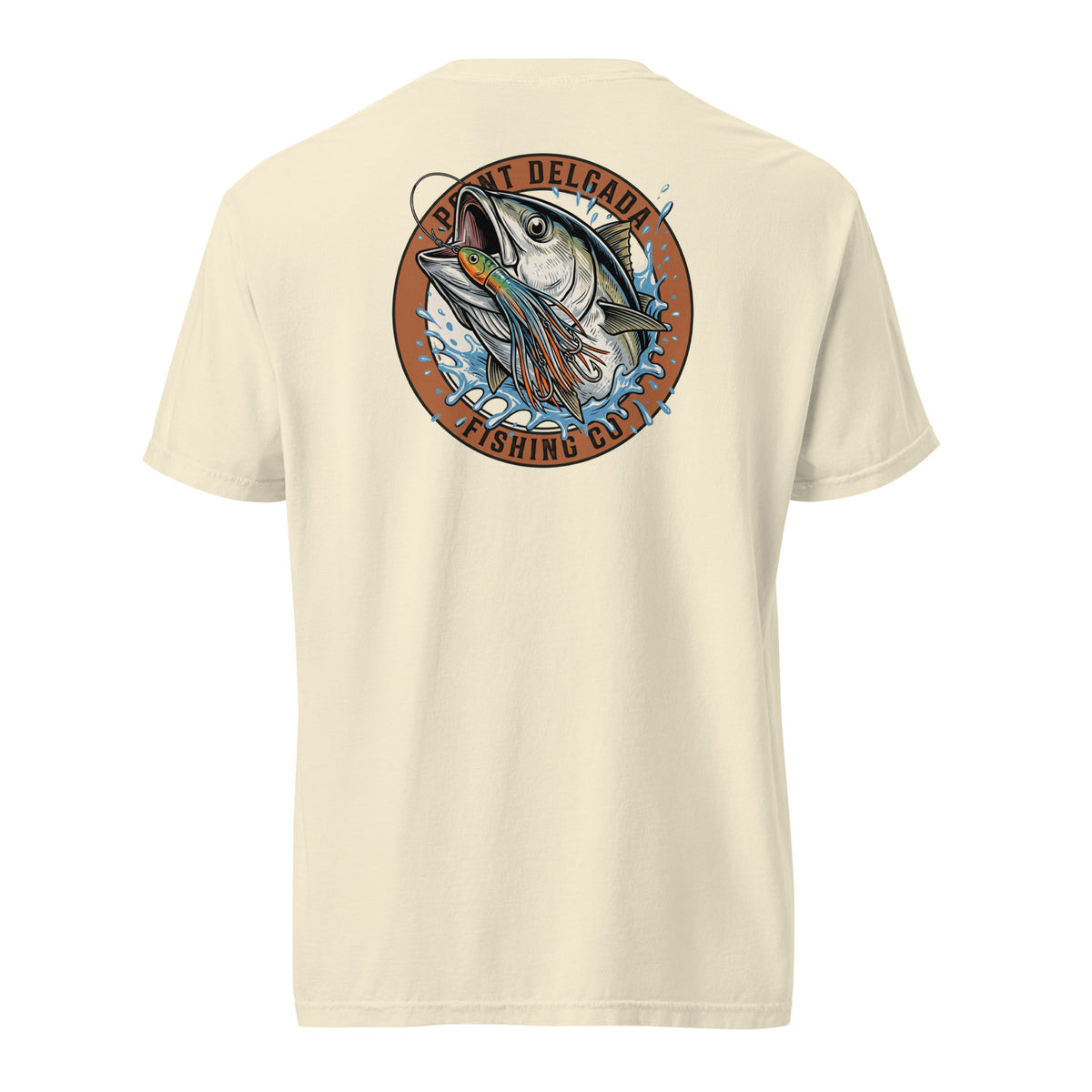 Point Delgada Tuna Strike T-Shirt with full-color tuna striking a trolling lure on the back and Point Delgada The Lost Coast, CA logo on the front