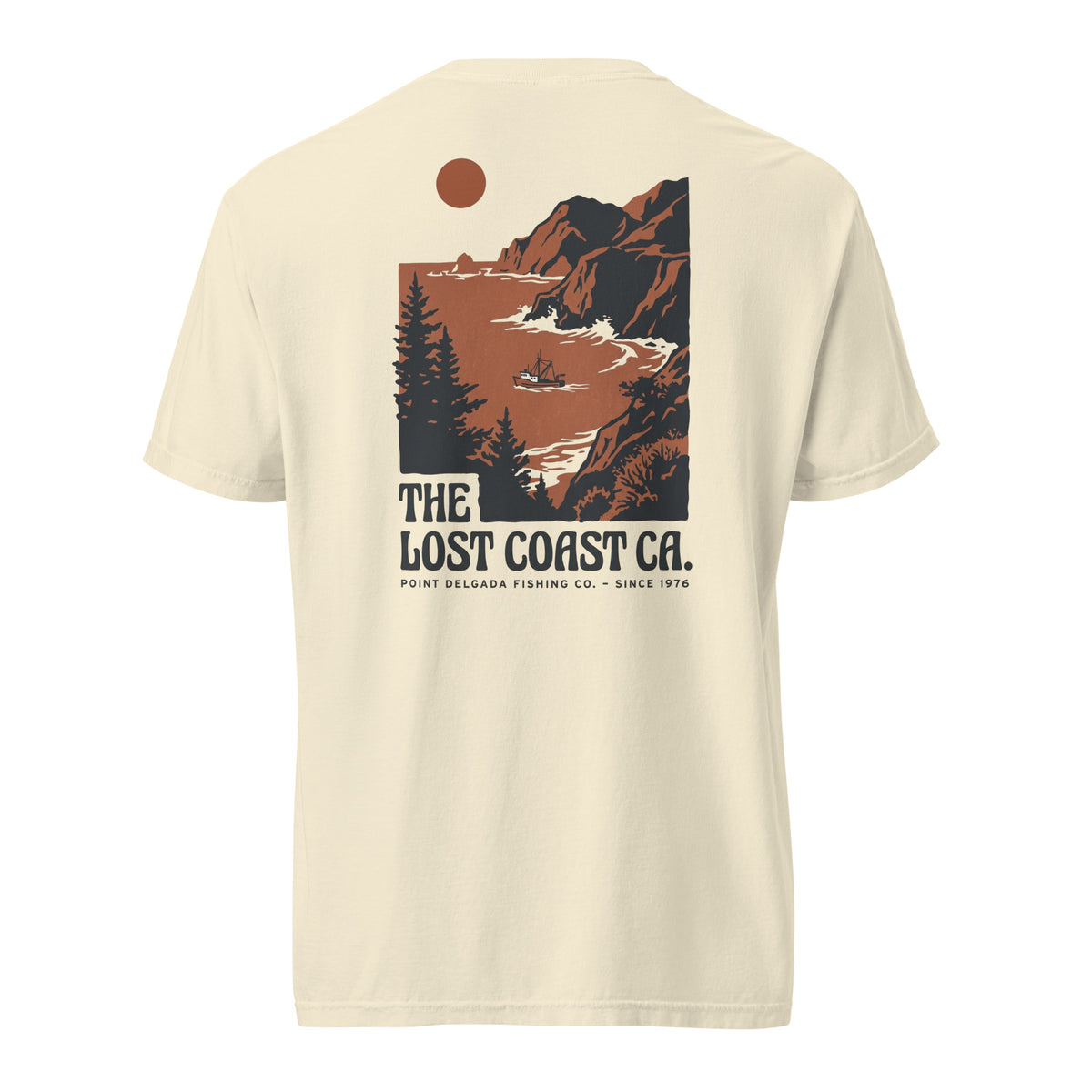 White Point Delgada Lost Coast Cliffs T-Shirt with rust and charcoal vintage print of cliffs, redwoods and a fishing boat on the back and left-chest Lost Coast CA. logo on the front