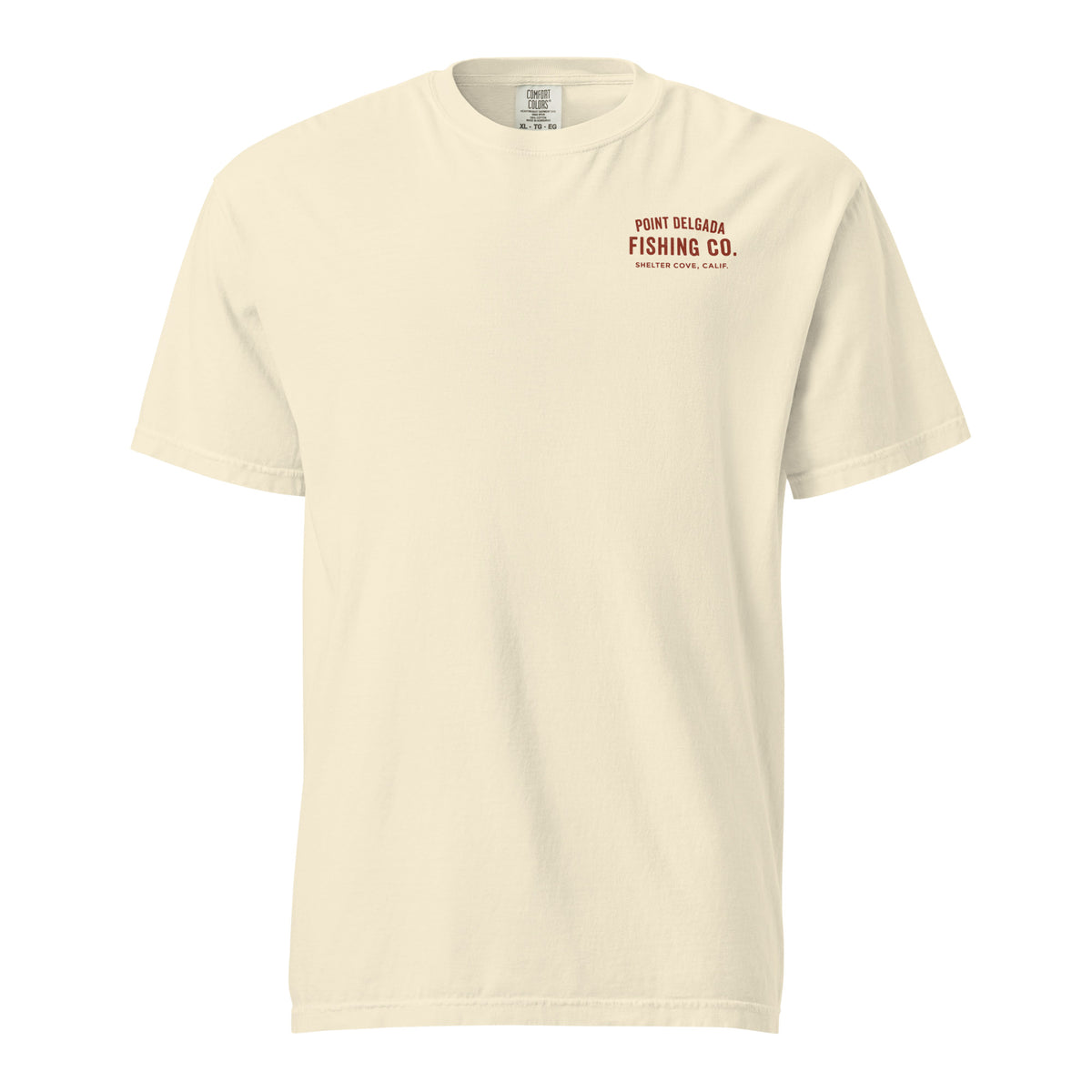 Point Delgada Bear Crest T-Shirt with distressed red bear and swordfish crest on the back and left-chest Point Delgada Fishing Co. logo on the front
