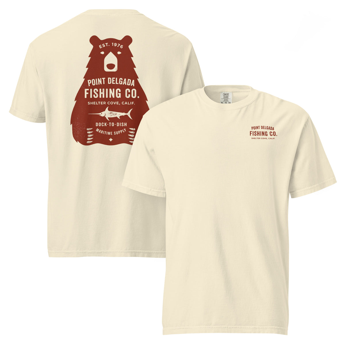 Point Delgada Bear Crest T-Shirt with distressed red bear and swordfish crest on the back and left-chest Point Delgada Fishing Co. logo on the front