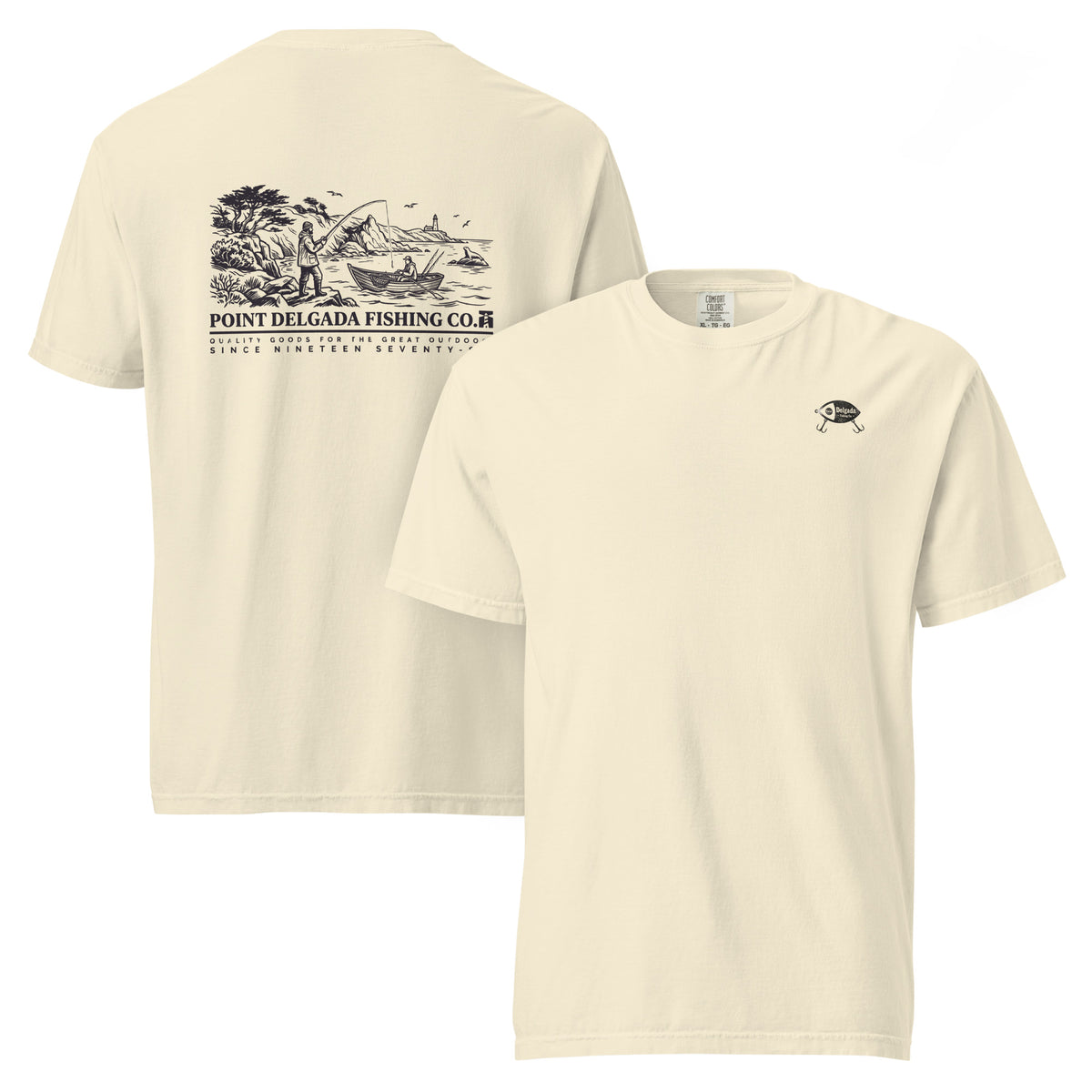 White Point Delgada Shoreline T-Shirt with black engraved coastal fishing scene and lighthouse on the back and left-chest lure logo on the front