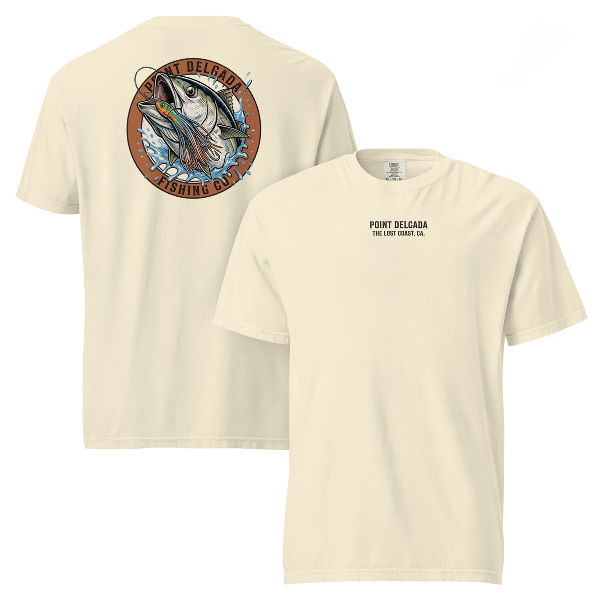 Point Delgada Tuna Strike T-Shirt with full-color tuna striking a trolling lure on the back and Point Delgada The Lost Coast, CA logo on the front
