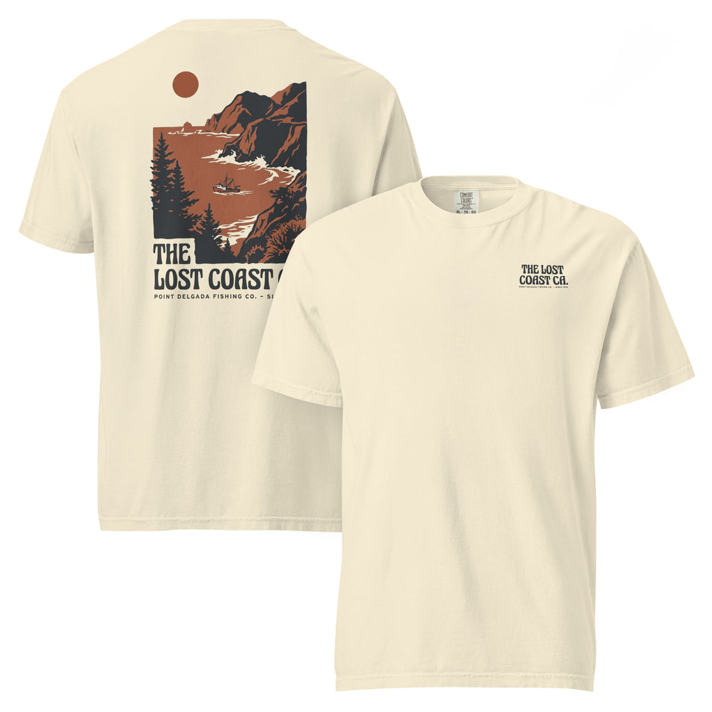 White Point Delgada Lost Coast Cliffs T-Shirt with rust and charcoal vintage print of cliffs, redwoods and a fishing boat on the back and left-chest Lost Coast CA. logo on the front