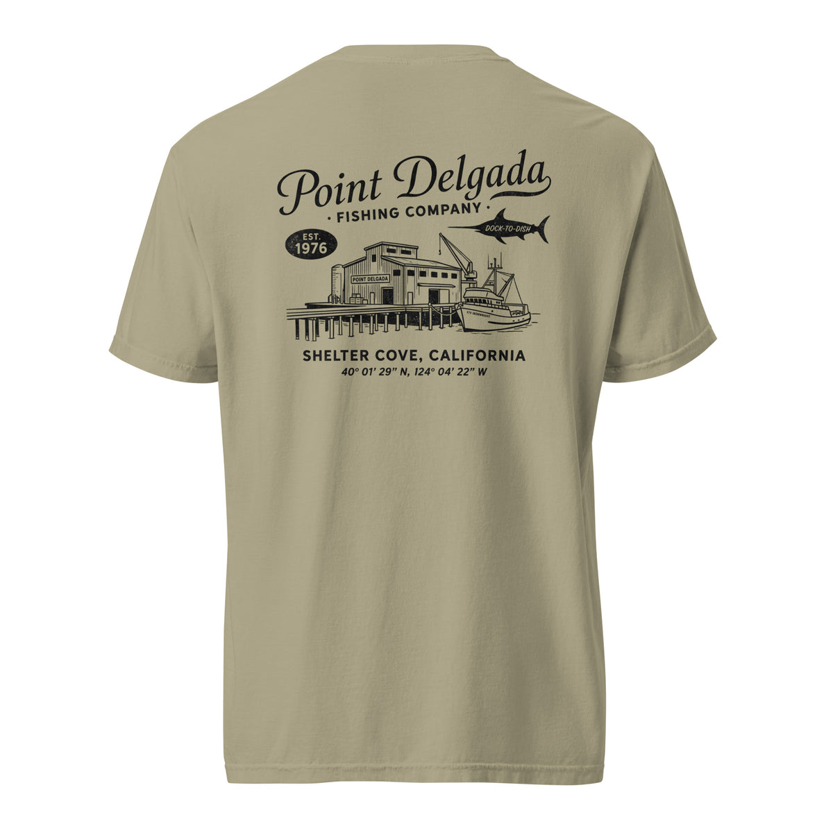 Back: White Point Delgada Home Port T-Shirt with black fish house, pier, fishing boat and Shelter Cove, California coordinates graphic