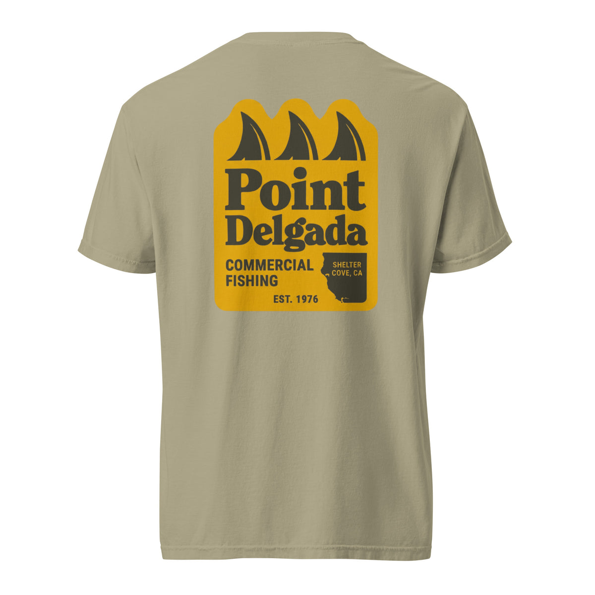 Point Delgada Three Fins T-Shirt with goldenrod vintage badge on the back and left-chest Point Delgada Fishing Co. logo on the front