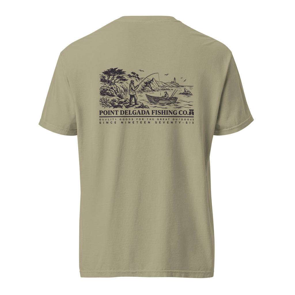 White Point Delgada Shoreline T-Shirt with black engraved coastal fishing scene and lighthouse on the back and left-chest lure logo on the front