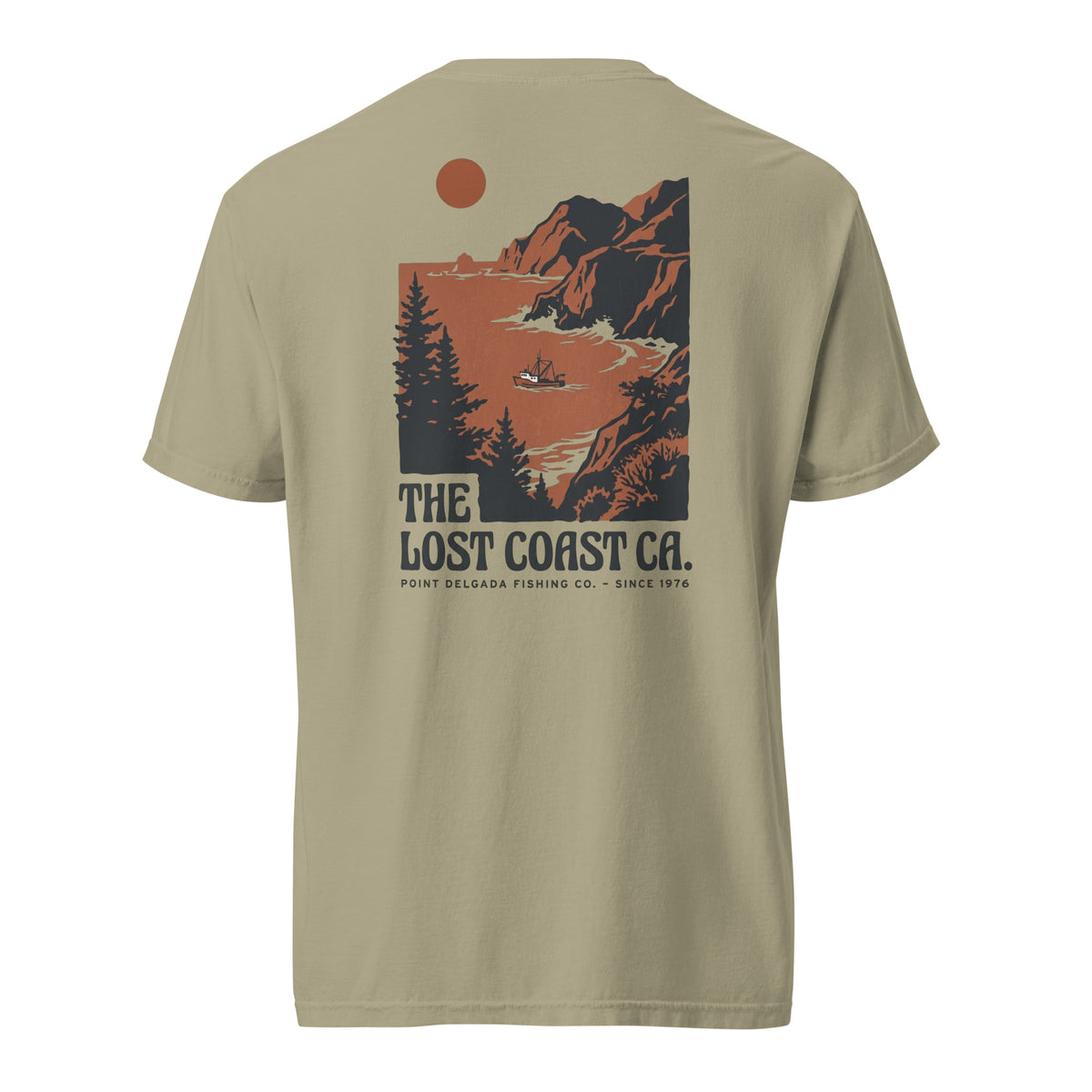 White Point Delgada Lost Coast Cliffs T-Shirt with rust and charcoal vintage print of cliffs, redwoods and a fishing boat on the back and left-chest Lost Coast CA. logo on the front