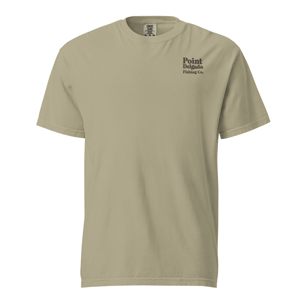 Point Delgada Three Fins T-Shirt with goldenrod vintage badge on the back and left-chest Point Delgada Fishing Co. logo on the front