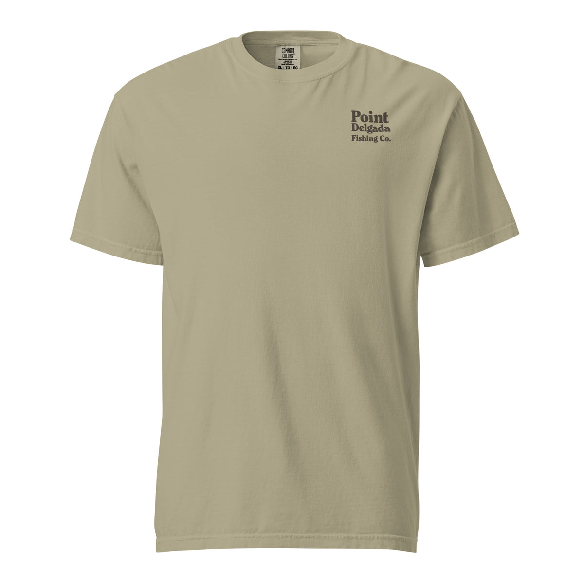 Point Delgada Three Fins T-Shirt with goldenrod vintage badge on the back and left-chest Point Delgada Fishing Co. logo on the front