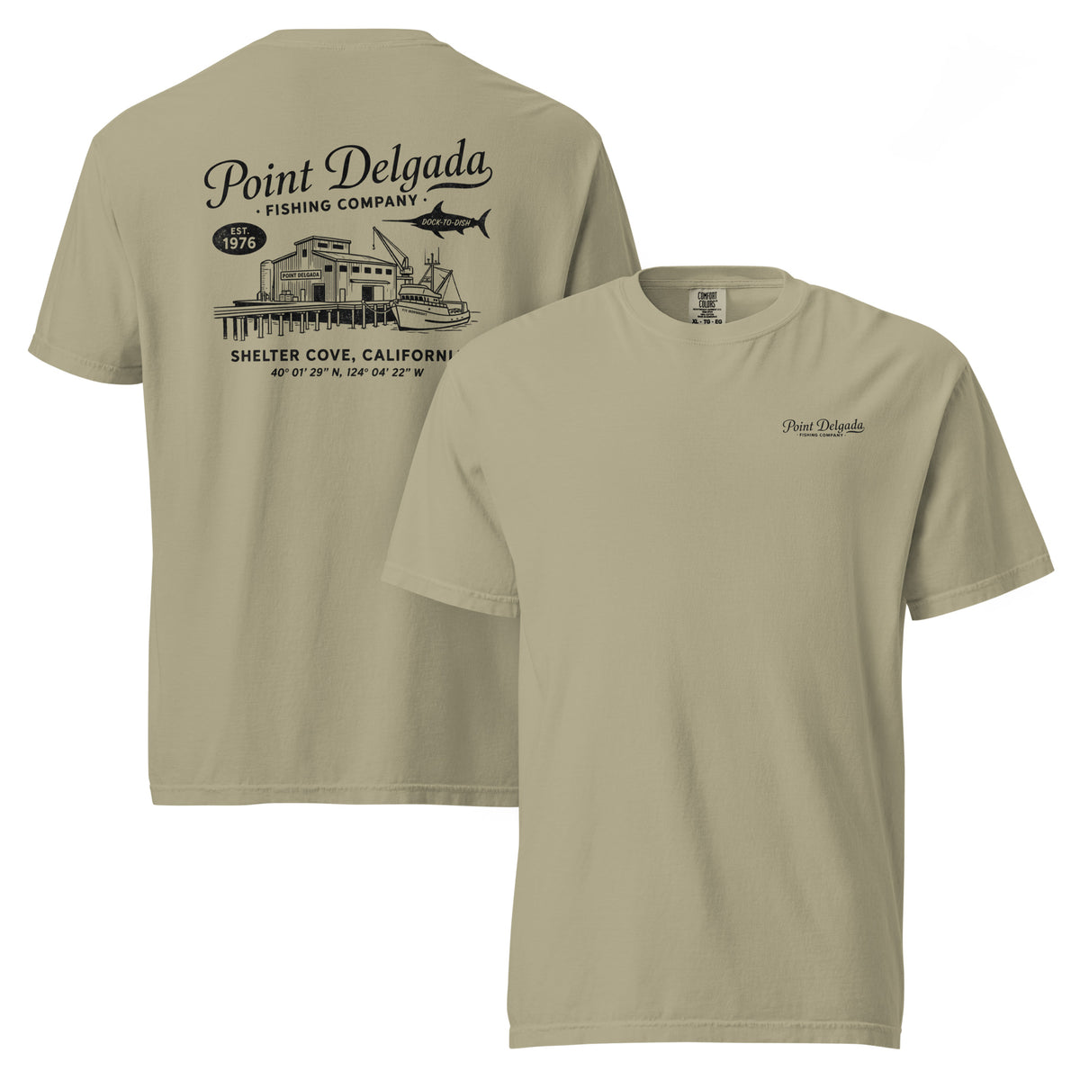 Back: White Point Delgada Home Port T-Shirt with black fish house, pier, fishing boat and Shelter Cove, California coordinates graphic