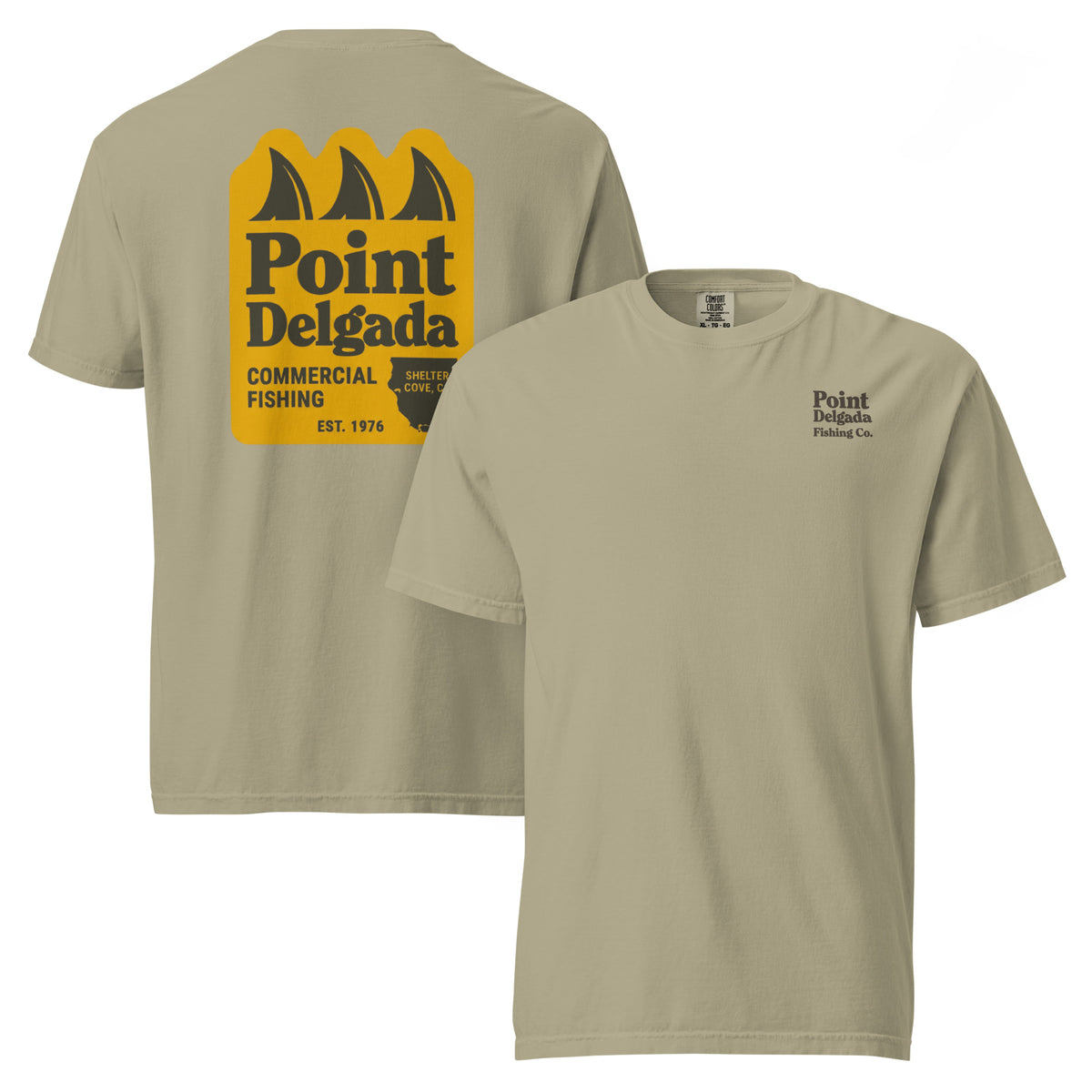 Point Delgada Three Fins T-Shirt with goldenrod vintage badge on the back and left-chest Point Delgada Fishing Co. logo on the front