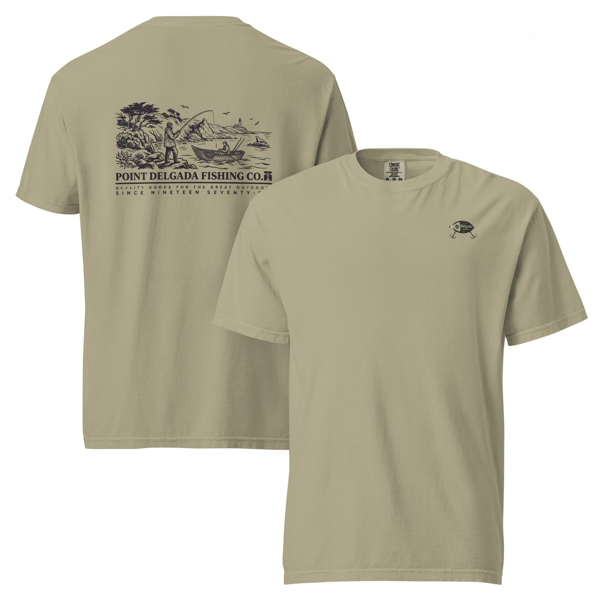 White Point Delgada Shoreline T-Shirt with black engraved coastal fishing scene and lighthouse on the back and left-chest lure logo on the front