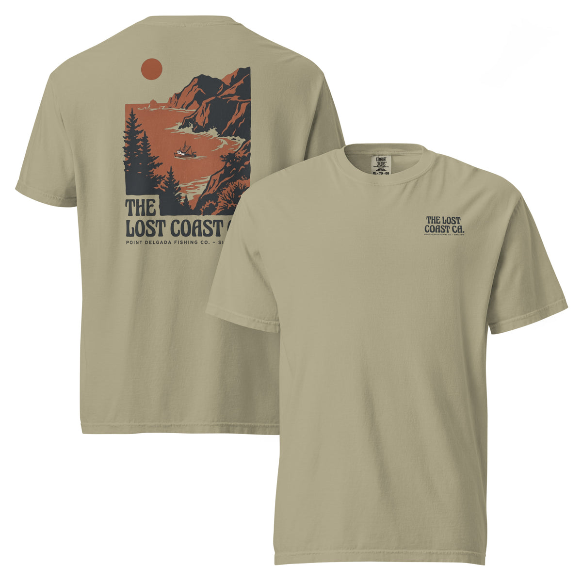 White Point Delgada Lost Coast Cliffs T-Shirt with rust and charcoal vintage print of cliffs, redwoods and a fishing boat on the back and left-chest Lost Coast CA. logo on the front