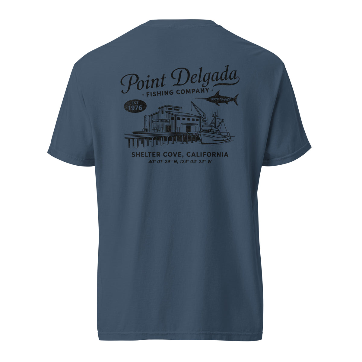 Back: White Point Delgada Home Port T-Shirt with black fish house, pier, fishing boat and Shelter Cove, California coordinates graphic