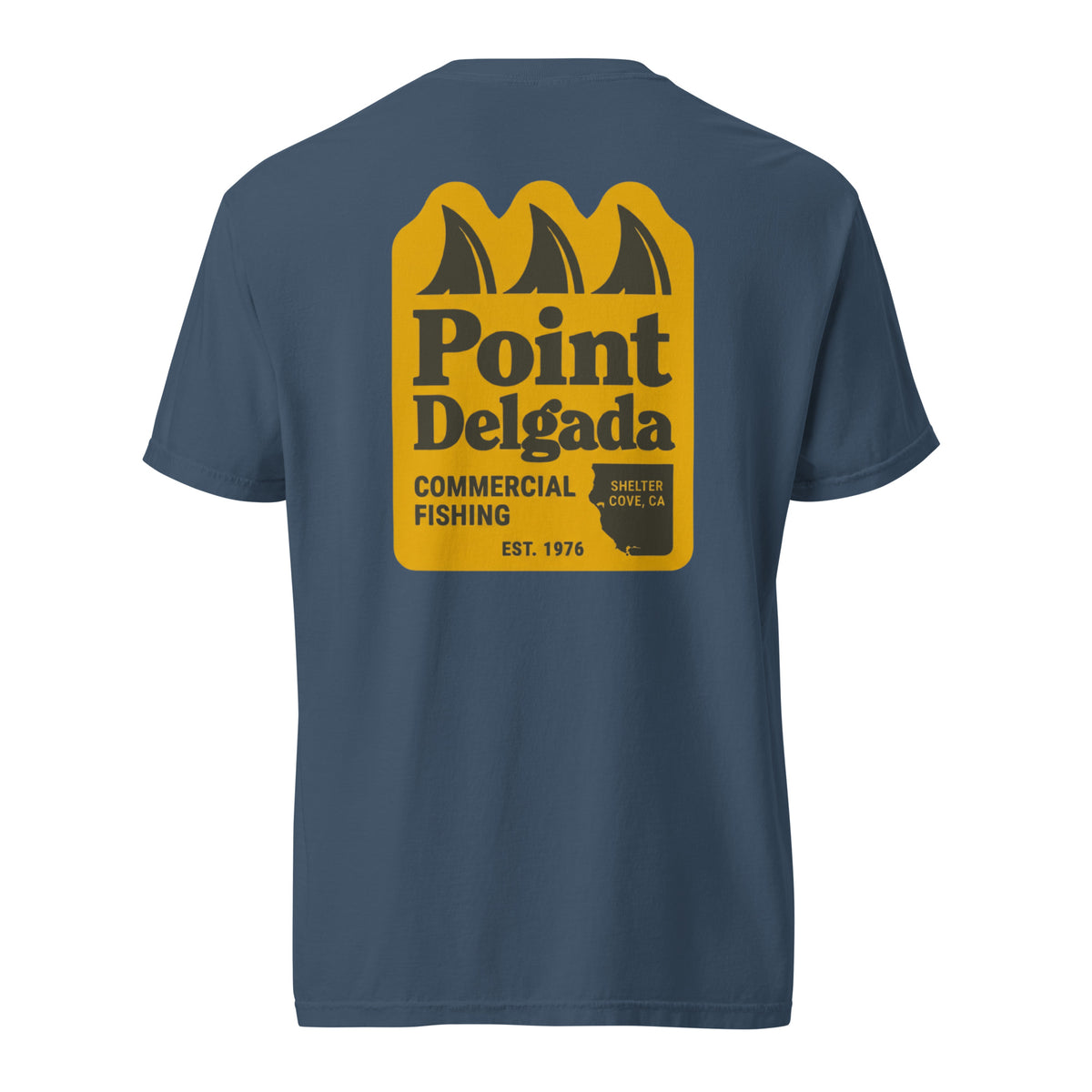 Point Delgada Three Fins T-Shirt with goldenrod vintage badge on the back and left-chest Point Delgada Fishing Co. logo on the front