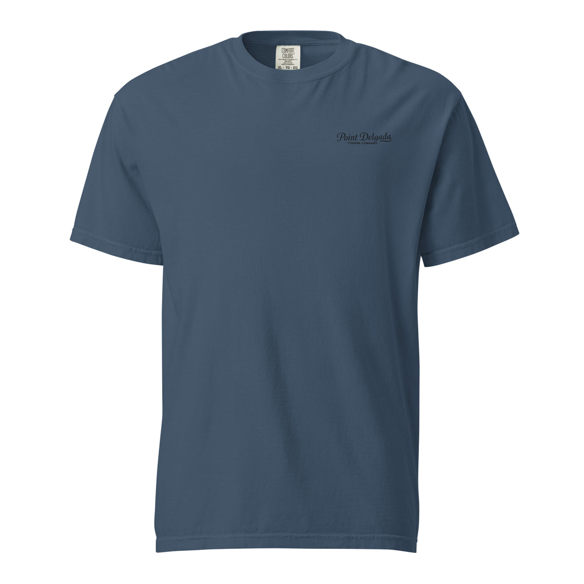 Back: White Point Delgada Home Port T-Shirt with black fish house, pier, fishing boat and Shelter Cove, California coordinates graphic