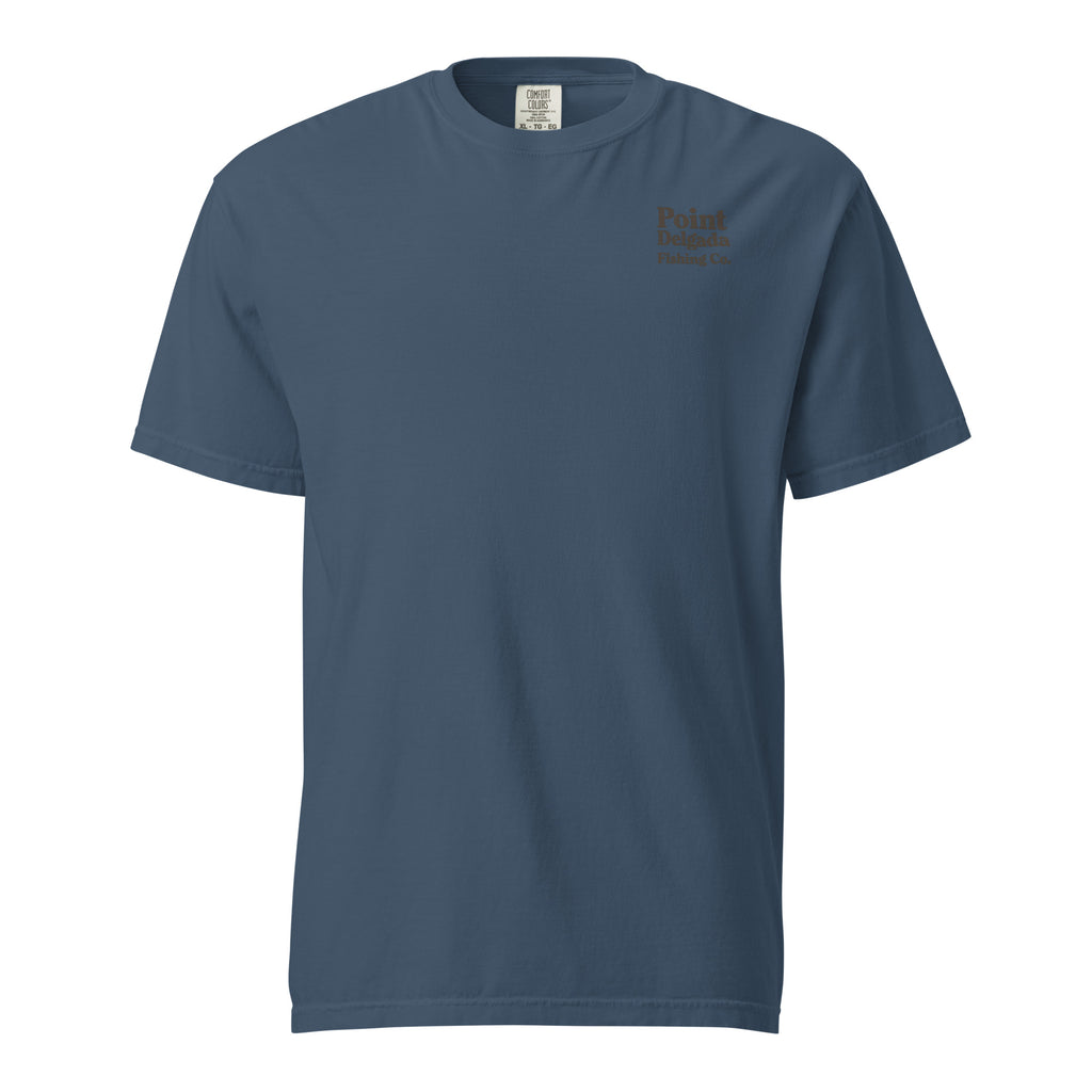 Point Delgada Three Fins T-Shirt with goldenrod vintage badge on the back and left-chest Point Delgada Fishing Co. logo on the front