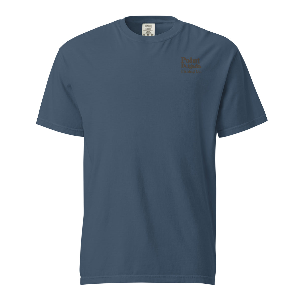 Point Delgada Three Fins T-Shirt with goldenrod vintage badge on the back and left-chest Point Delgada Fishing Co. logo on the front