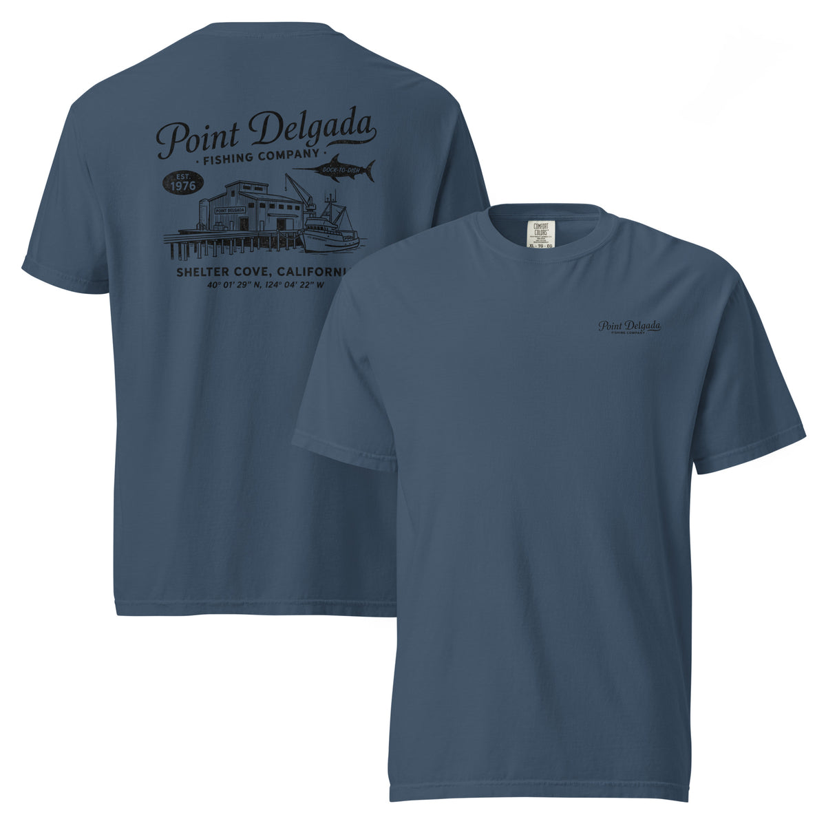 Back: White Point Delgada Home Port T-Shirt with black fish house, pier, fishing boat and Shelter Cove, California coordinates graphic