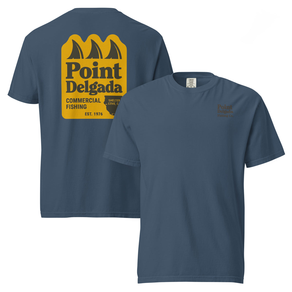 White Point Delgada Three Fins T-Shirt with goldenrod vintage badge on the back and left-chest Point Delgada Fishing Co. logo on the front