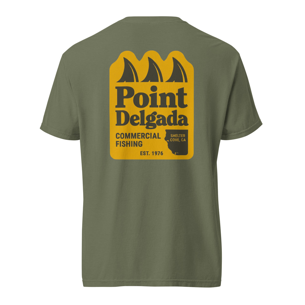 Point Delgada Three Fins T-Shirt with goldenrod vintage badge on the back and left-chest Point Delgada Fishing Co. logo on the front