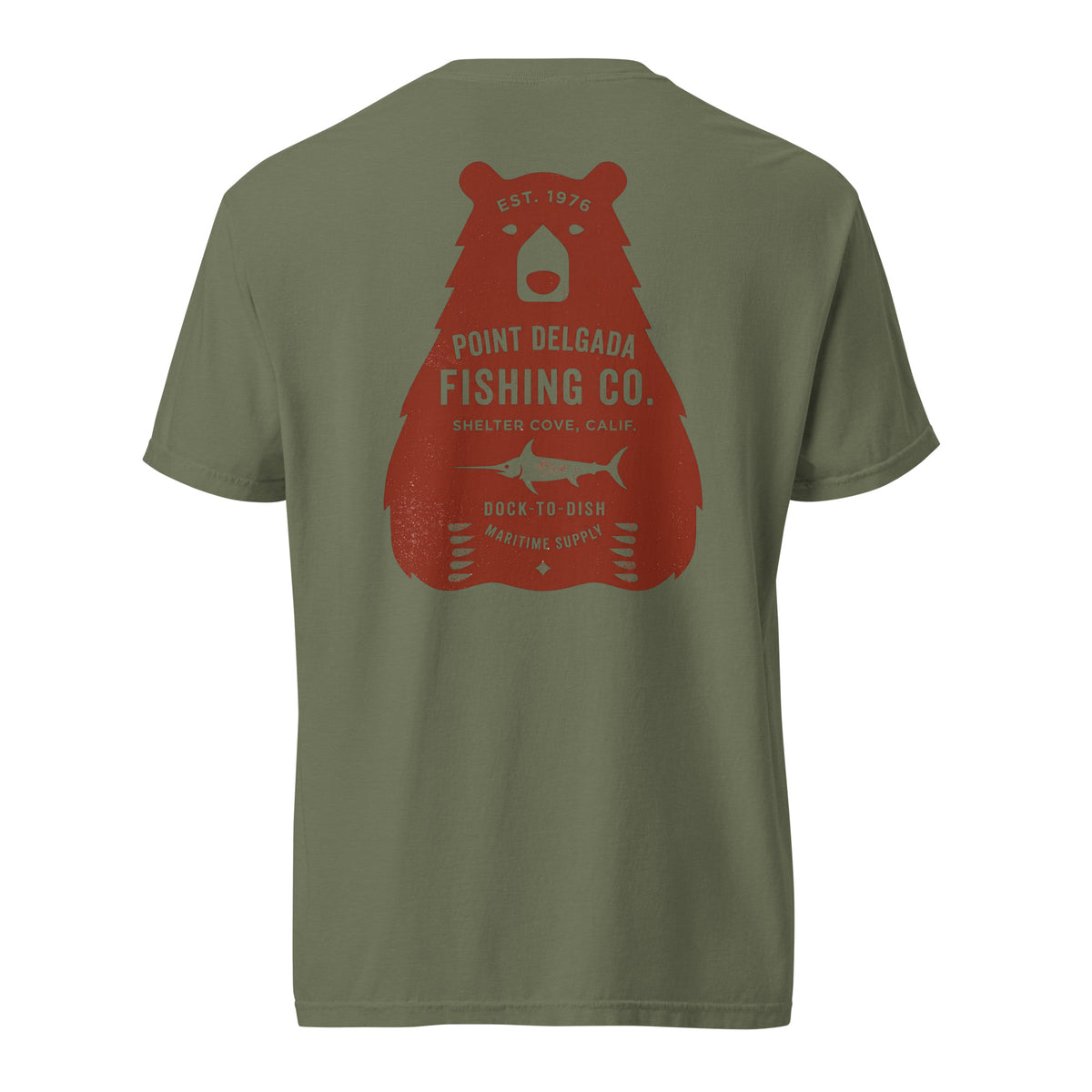 Point Delgada Bear Crest T-Shirt with distressed red bear and swordfish crest on the back and left-chest Point Delgada Fishing Co. logo on the front