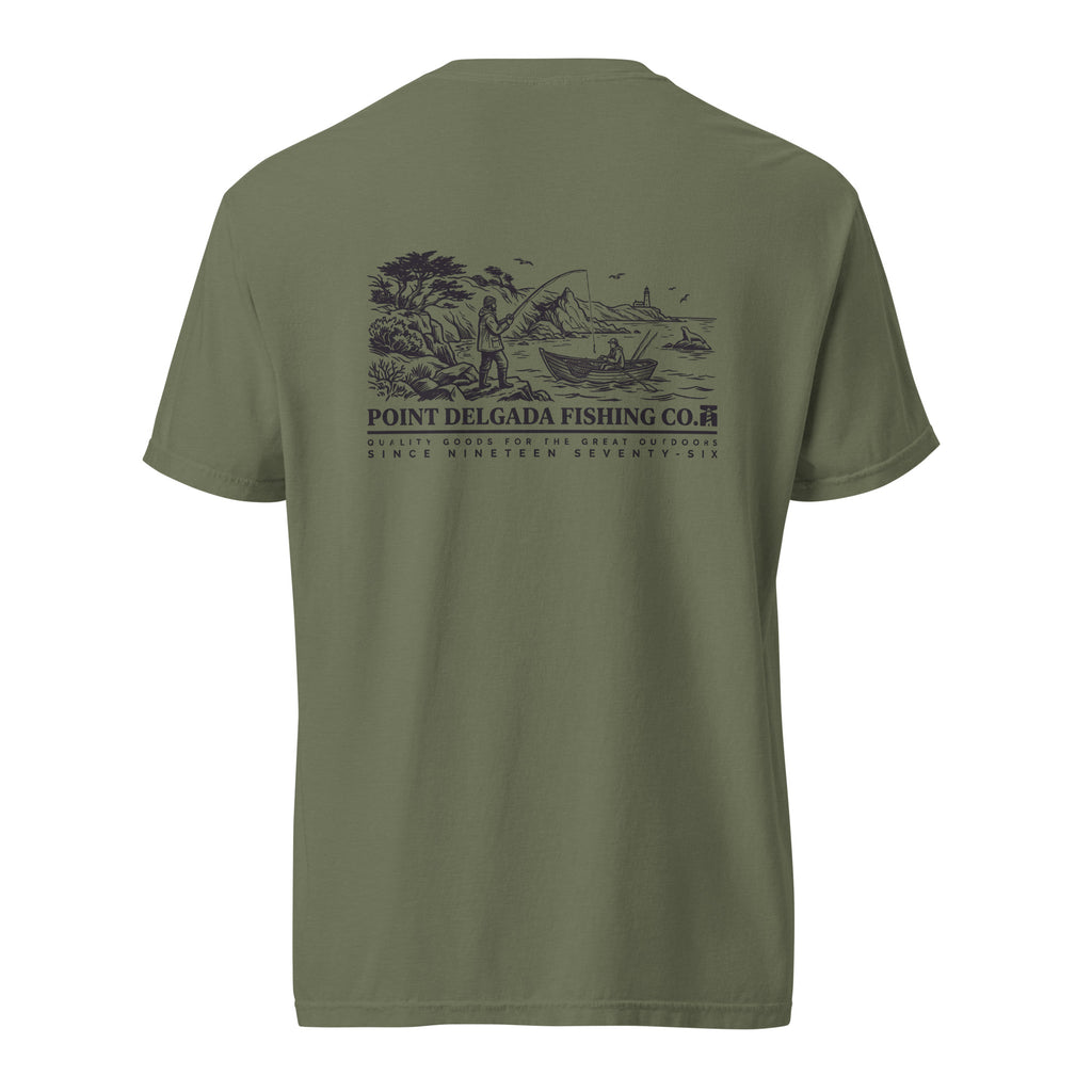 White Point Delgada Shoreline T-Shirt with black engraved coastal fishing scene and lighthouse on the back and left-chest lure logo on the front