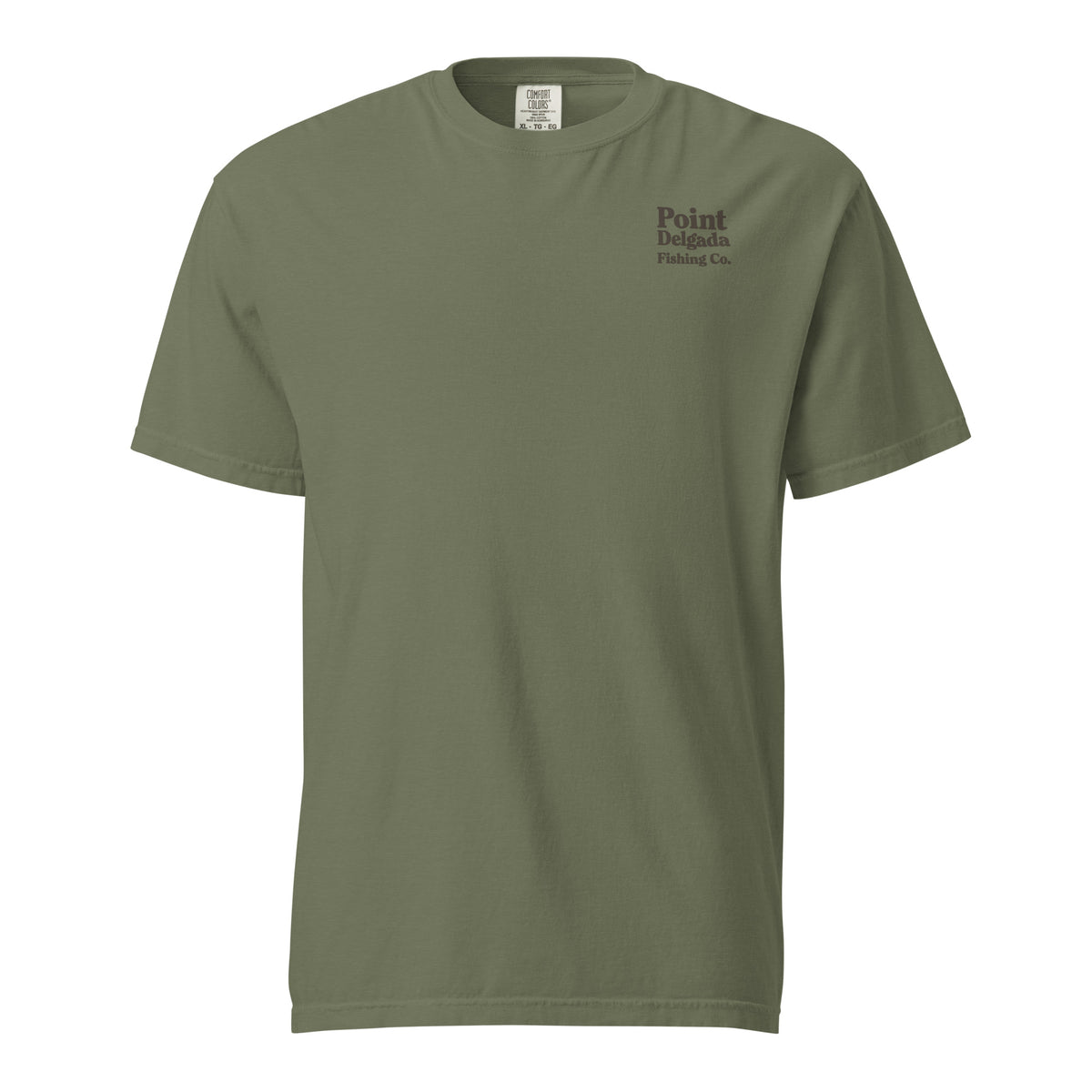 Point Delgada Three Fins T-Shirt with goldenrod vintage badge on the back and left-chest Point Delgada Fishing Co. logo on the front