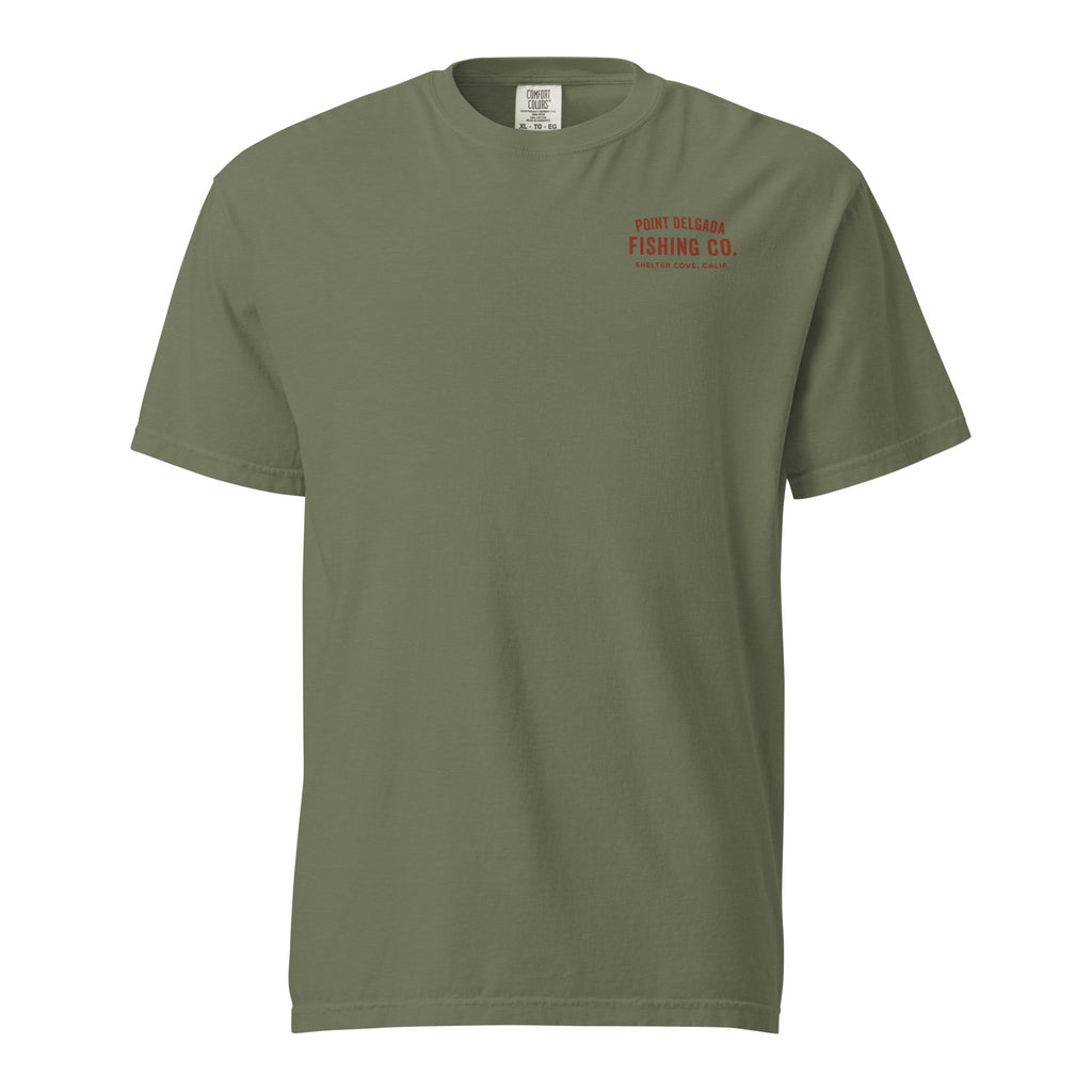 Point Delgada Bear Crest T-Shirt with distressed red bear and swordfish crest on the back and left-chest Point Delgada Fishing Co. logo on the front