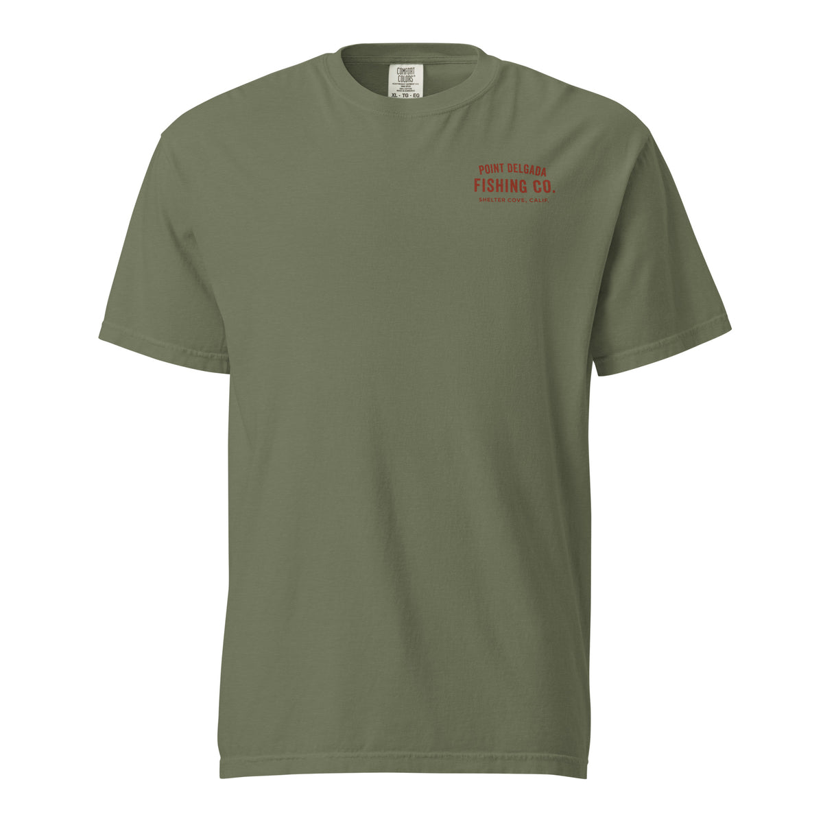 Point Delgada Bear Crest T-Shirt with distressed red bear and swordfish crest on the back and left-chest Point Delgada Fishing Co. logo on the front