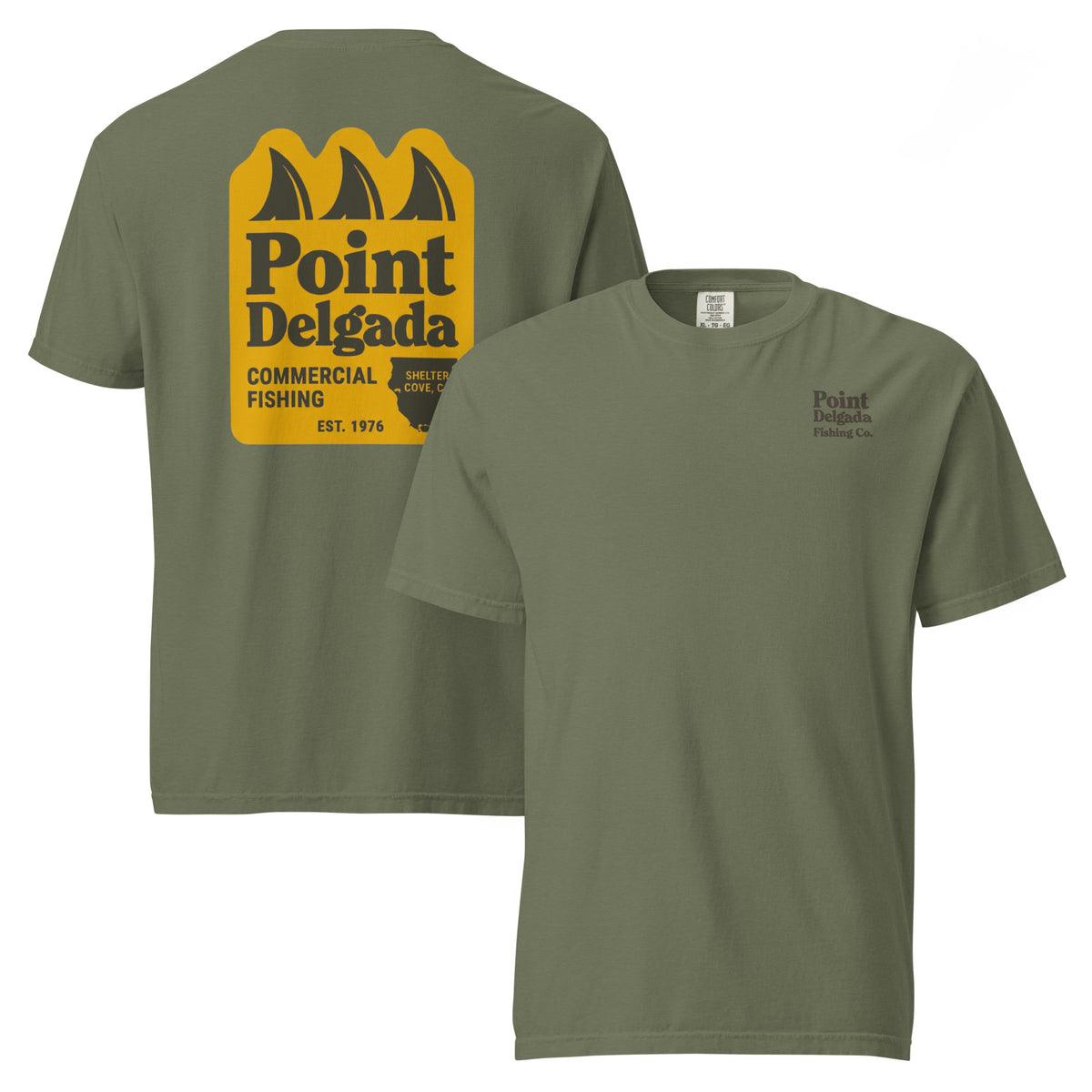 White Point Delgada Three Fins T-Shirt with goldenrod vintage badge on the back and left-chest Point Delgada Fishing Co. logo on the front