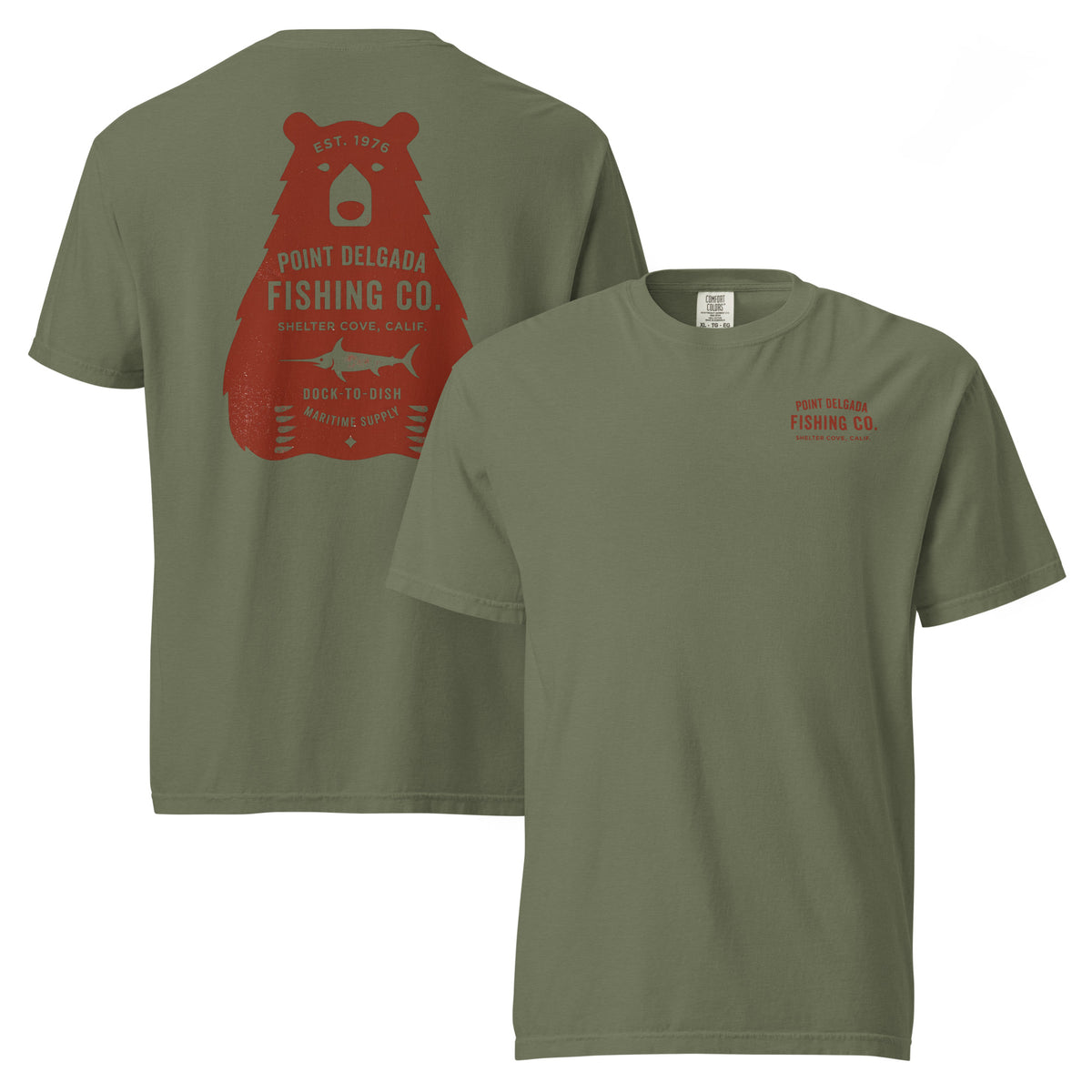 Point Delgada Bear Crest T-Shirt with distressed red bear and swordfish crest on the back and left-chest Point Delgada Fishing Co. logo on the front