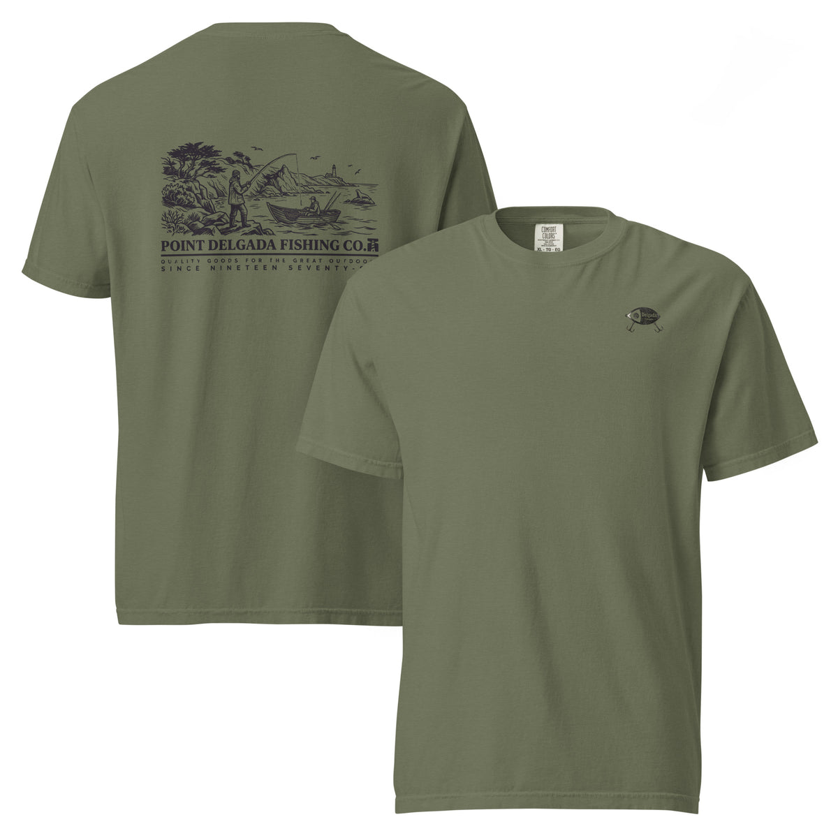 White Point Delgada Shoreline T-Shirt with black engraved coastal fishing scene and lighthouse on the back and left-chest lure logo on the front