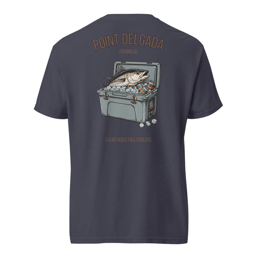 Back: White Point Delgada Full Cooler T-Shirt with albacore tuna in an ice-filled cooler and "Clear Skies. Full Cooler." graphic
Front: White Point Delgada heavyweight tee with left-chest Shelter Cove, CA logo