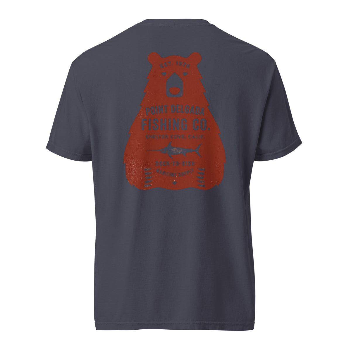 Point Delgada Bear Crest T-Shirt with distressed red bear and swordfish crest on the back and left-chest Point Delgada Fishing Co. logo on the front