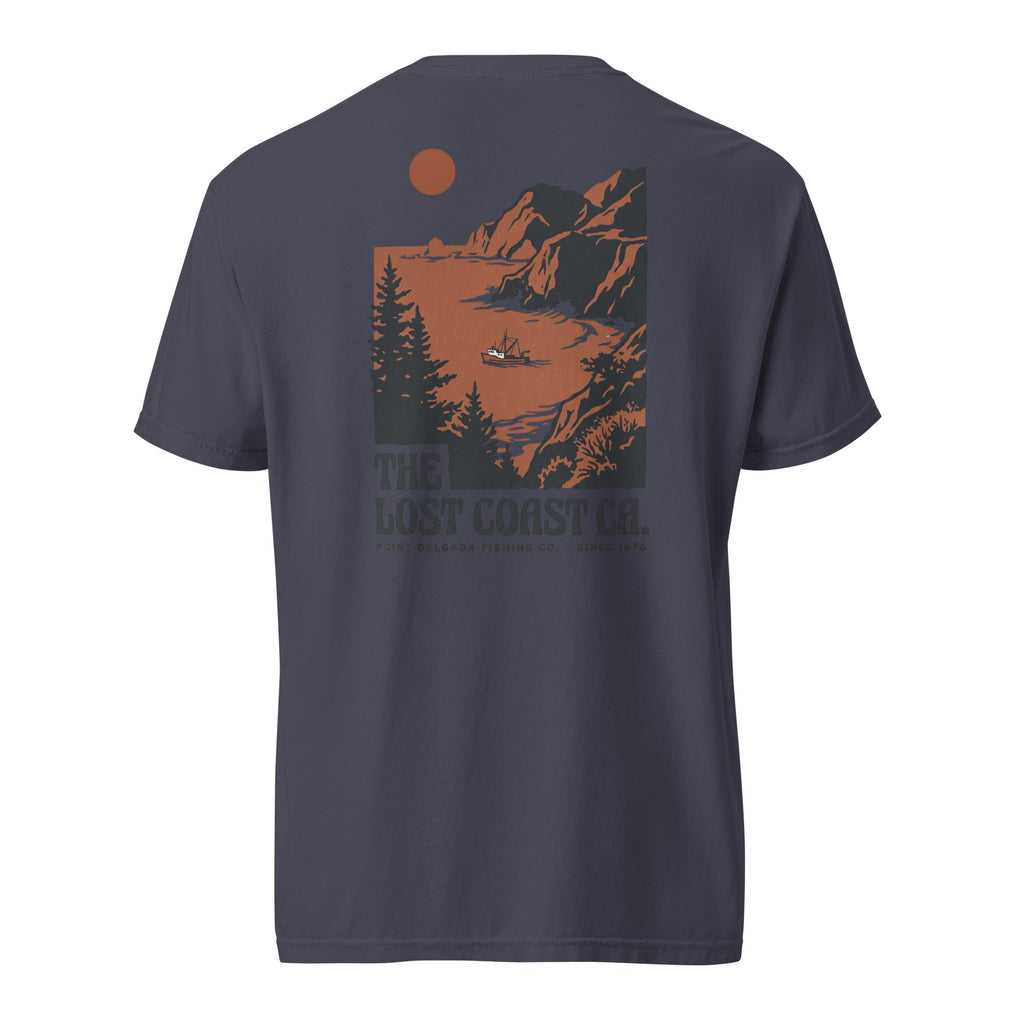 White Point Delgada Lost Coast Cliffs T-Shirt with rust and charcoal vintage print of cliffs, redwoods and a fishing boat on the back and left-chest Lost Coast CA. logo on the front
