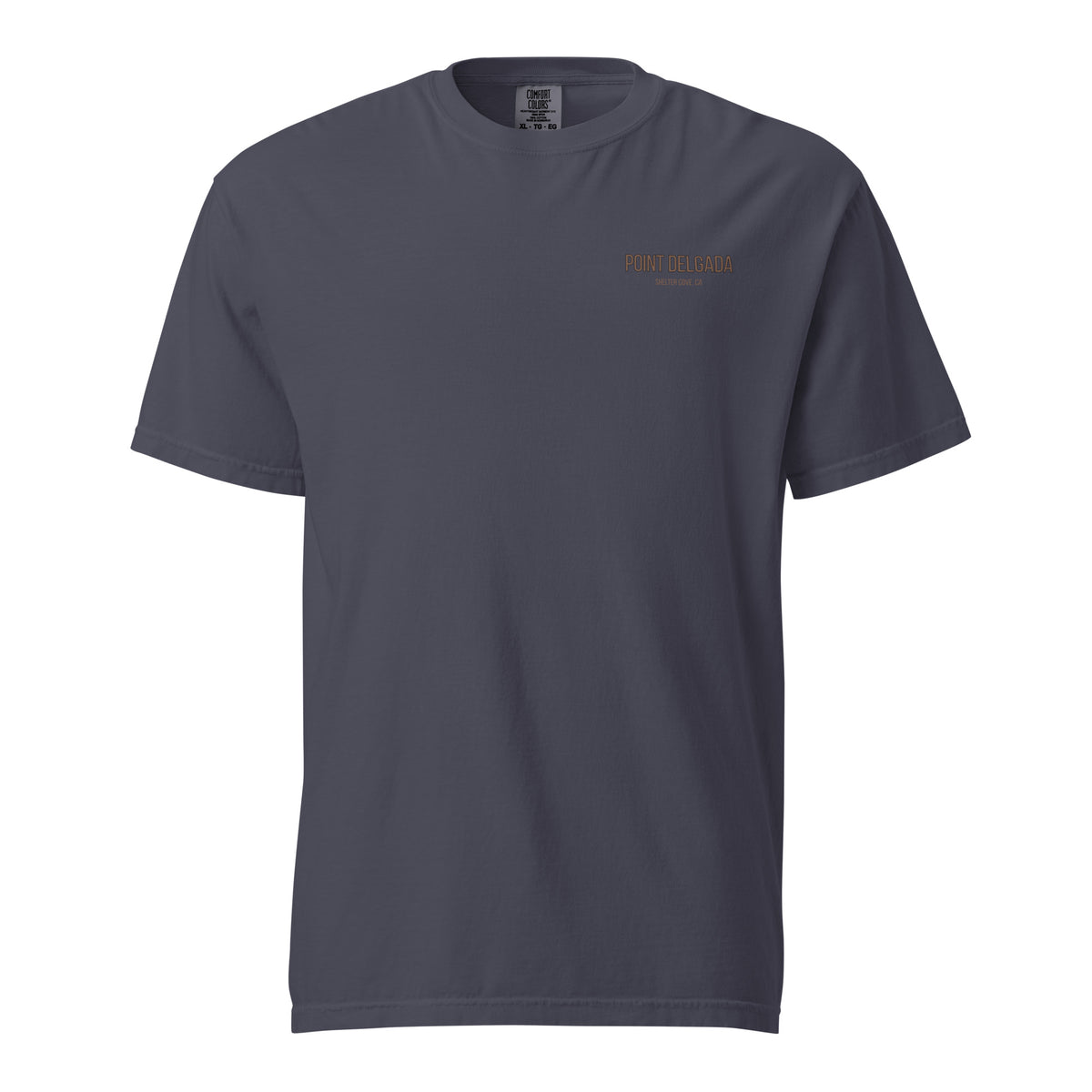 Back: White Point Delgada Full Cooler T-Shirt with albacore tuna in an ice-filled cooler and "Clear Skies. Full Cooler." graphic
Front: White Point Delgada heavyweight tee with left-chest Shelter Cove, CA logo
