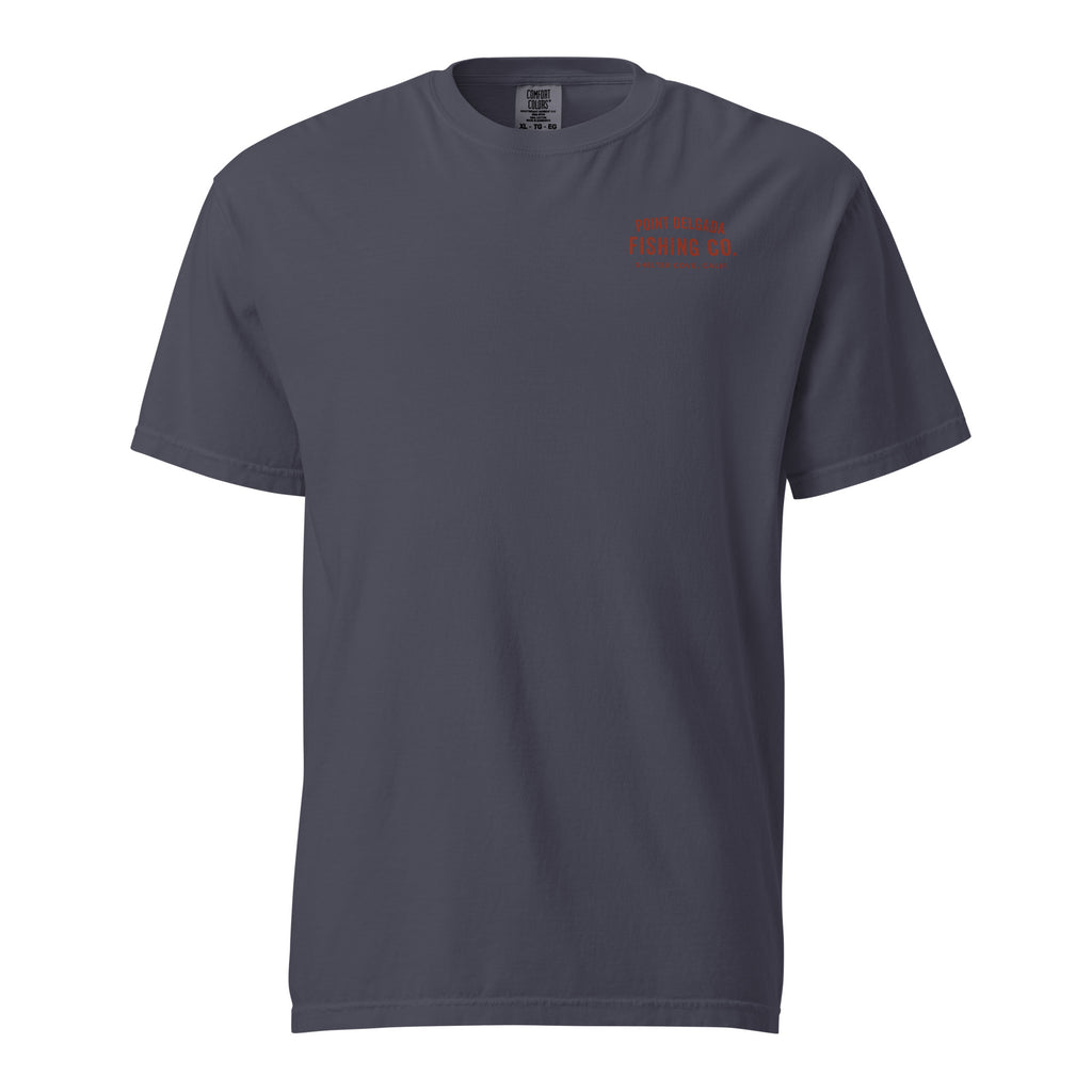 Point Delgada Bear Crest T-Shirt with distressed red bear and swordfish crest on the back and left-chest Point Delgada Fishing Co. logo on the front