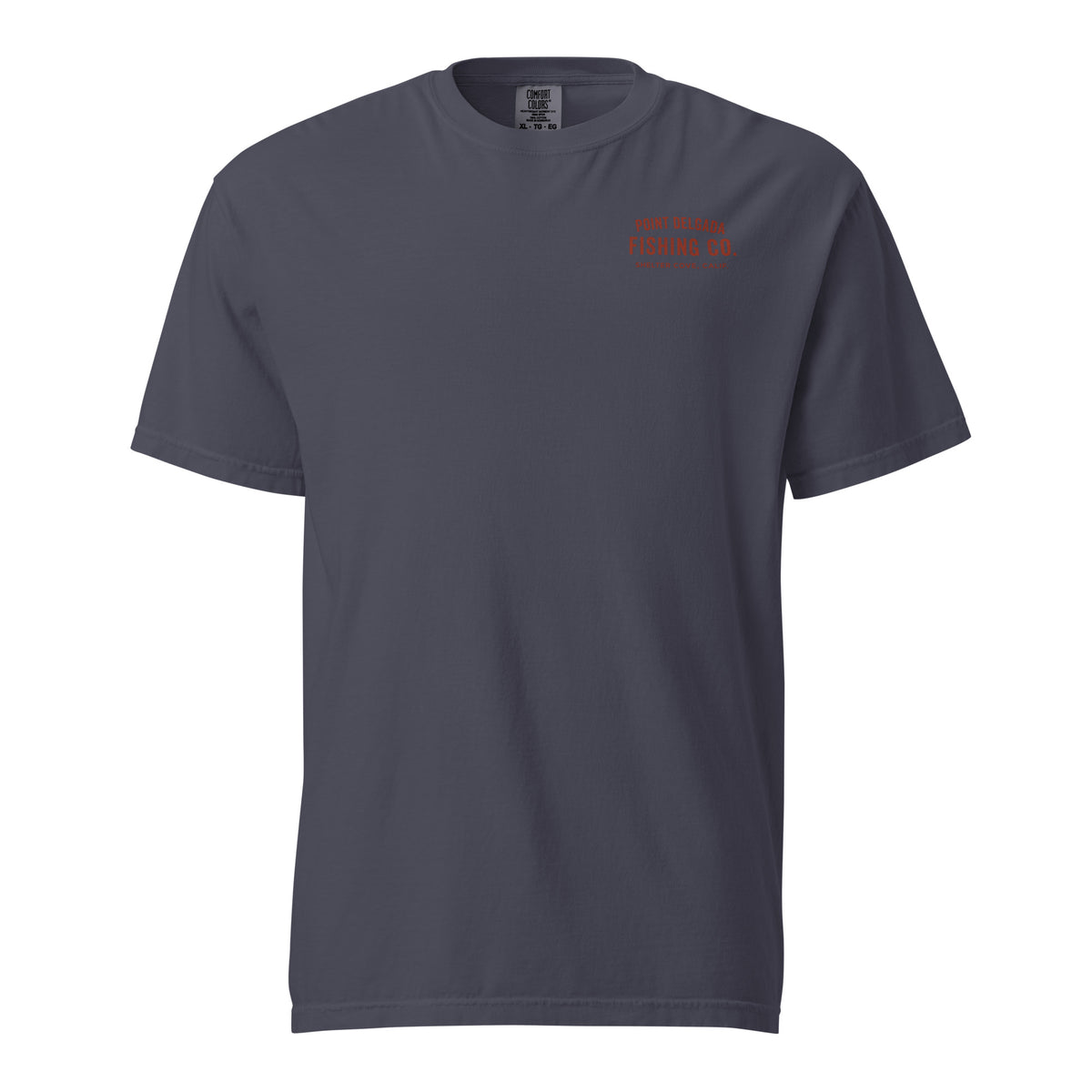 Point Delgada Bear Crest T-Shirt with distressed red bear and swordfish crest on the back and left-chest Point Delgada Fishing Co. logo on the front