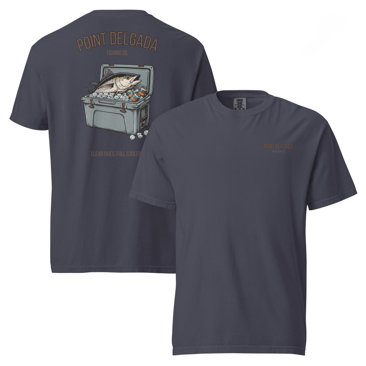 Back: White Point Delgada Full Cooler T-Shirt with albacore tuna in an ice-filled cooler and "Clear Skies. Full Cooler." graphic
Front: White Point Delgada heavyweight tee with left-chest Shelter Cove, CA logo