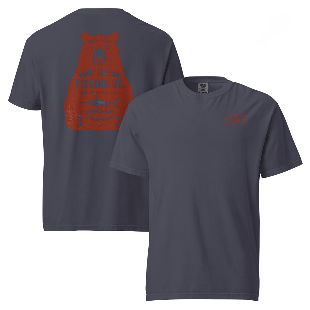 Point Delgada Bear Crest T-Shirt with distressed red bear and swordfish crest on the back and left-chest Point Delgada Fishing Co. logo on the front