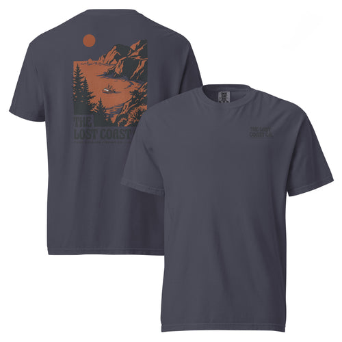 White Point Delgada Lost Coast Cliffs T-Shirt with rust and charcoal vintage print of cliffs, redwoods and a fishing boat on the back and left-chest Lost Coast CA. logo on the front