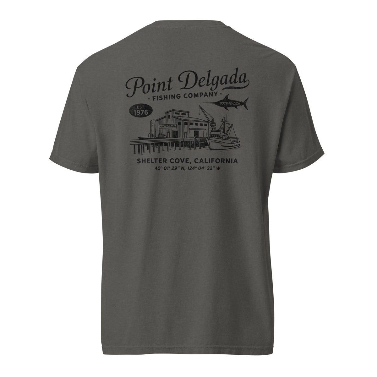 Back: White Point Delgada Home Port T-Shirt with black fish house, pier, fishing boat and Shelter Cove, California coordinates graphic