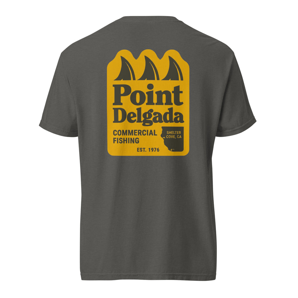 Point Delgada Three Fins T-Shirt with goldenrod vintage badge on the back and left-chest Point Delgada Fishing Co. logo on the front